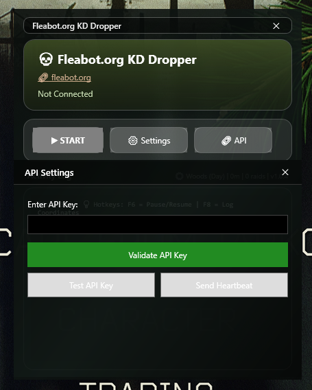 FleaBot web dashboard showing KD Dropper API status and remote controls.