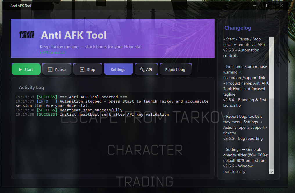 FleaBot AFK Tool desktop application window showing session controls and activity.