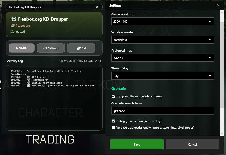 FleaBot KD Dropper desktop application showing map selection, raid time, and death run controls.